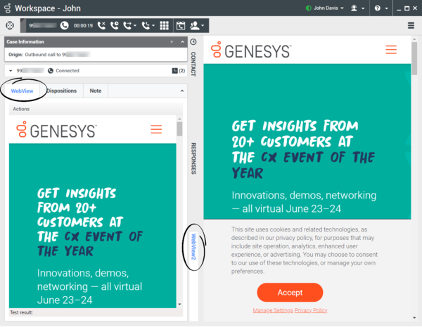 Workspace interaction view showing two embedded Webview apps.